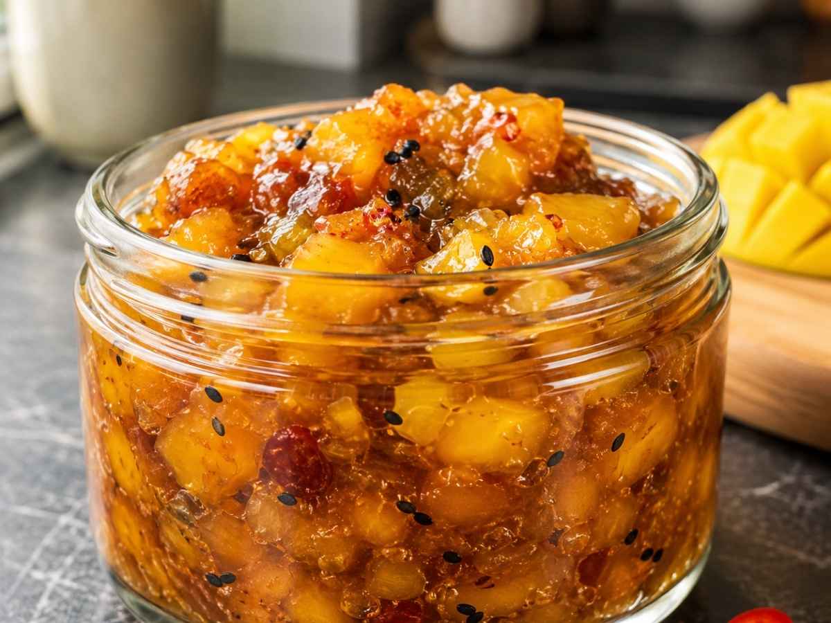Nahaufnahme von süß-scharfem Mango-Chutney mit Chili und Kurkuma