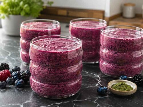 Zwei Gläser Matcha-Beeren-Smoothie mit grün-violettem Farbverlauf auf einem Holztisch