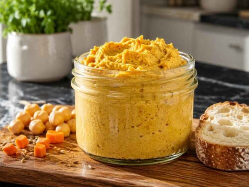 Cremiger Möhren-Kichererbsen-Aufstrich in einer Schüssel, serviert mit Gemüsesticks und Fladenbrot
