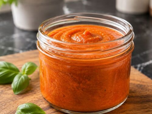 Fertige Möhren-Tomaten-Sauce in Schraubgläsern neben frischen Möhren und Tomaten