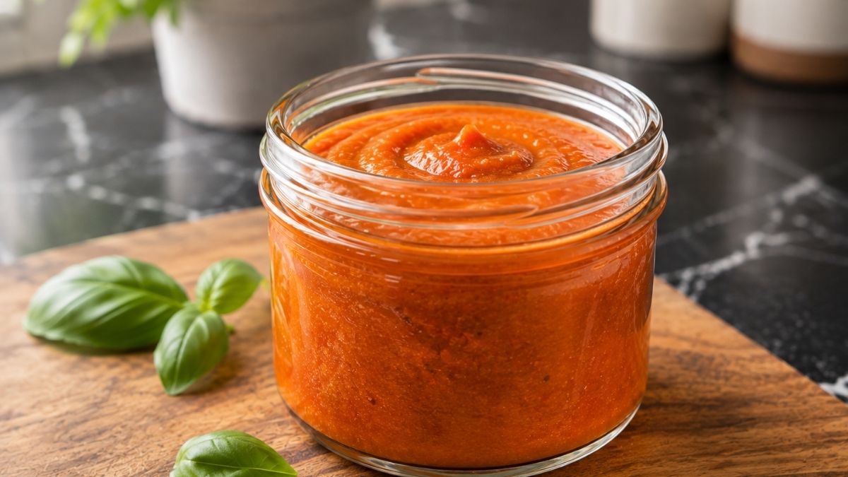 Fertige Möhren-Tomaten-Sauce in Schraubgläsern neben frischen Möhren und Tomaten