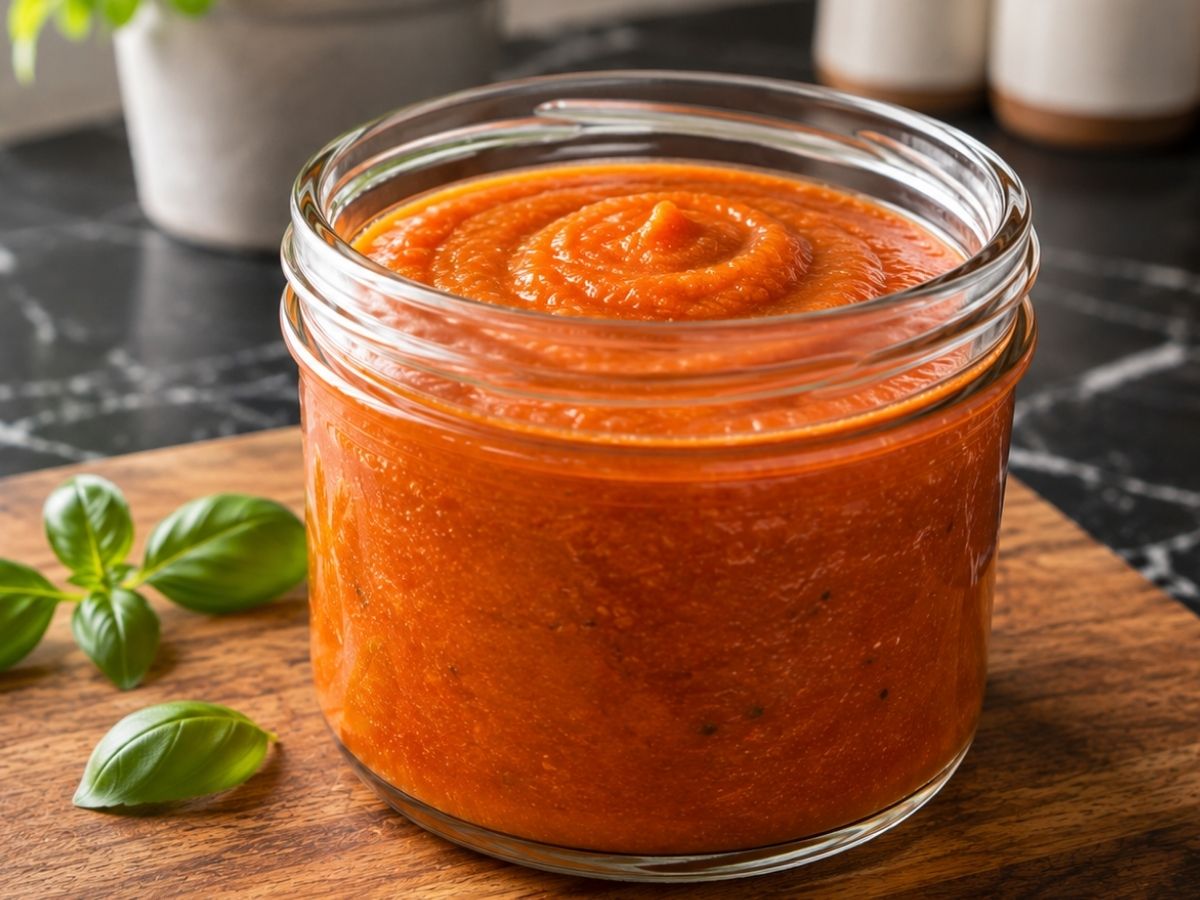 Nahaufnahme der cremigen, leicht süßlichen Möhren-Tomaten-Sauce