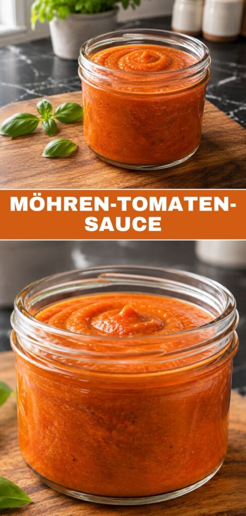 Möhren-Tomaten-Sauce Rezept – Weitwinkel und Nahaufnahme für Pinterest