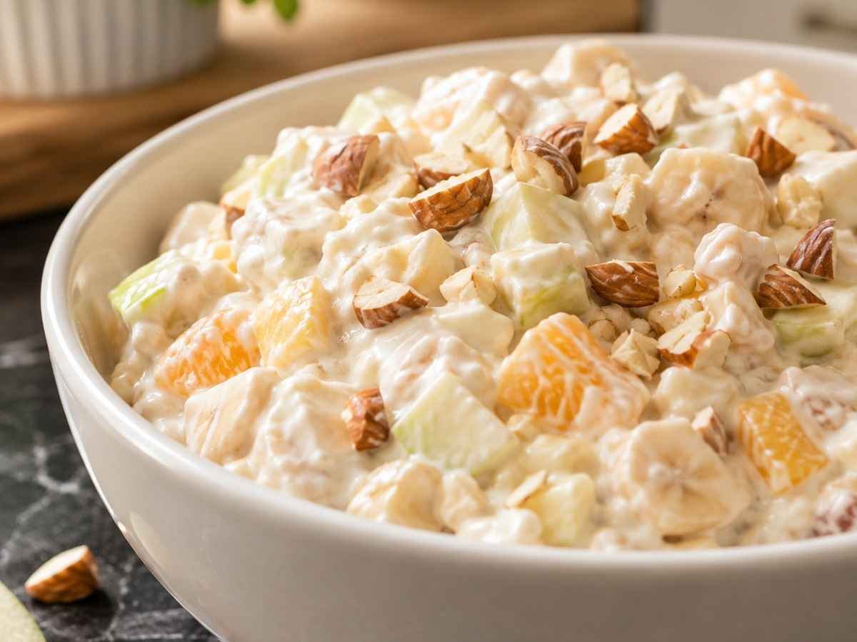 Nahaufnahme von Müsli nach Bircherart mit gehackten Mandeln und cremigem Joghurt