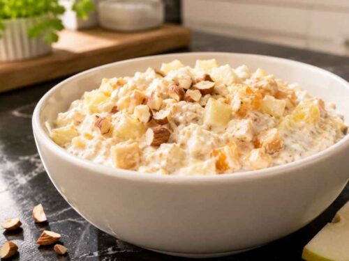 Müsli nach Bircherart mit frischem Obst, Mandeln und Joghurt in einer Schüssel