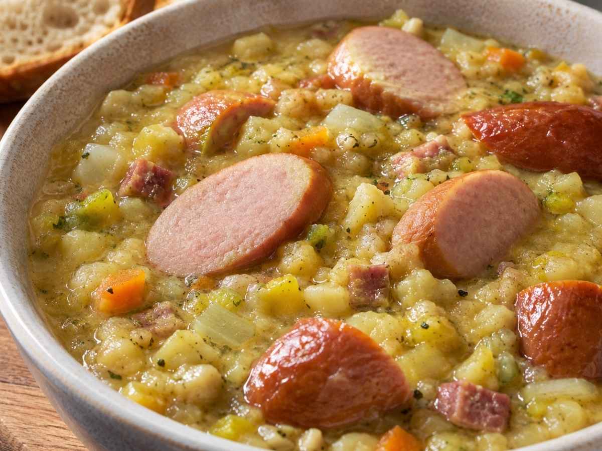 Nahaufnahme einer Schüssel Erbsensuppe mit Würstchen mit Möhren und Majoran