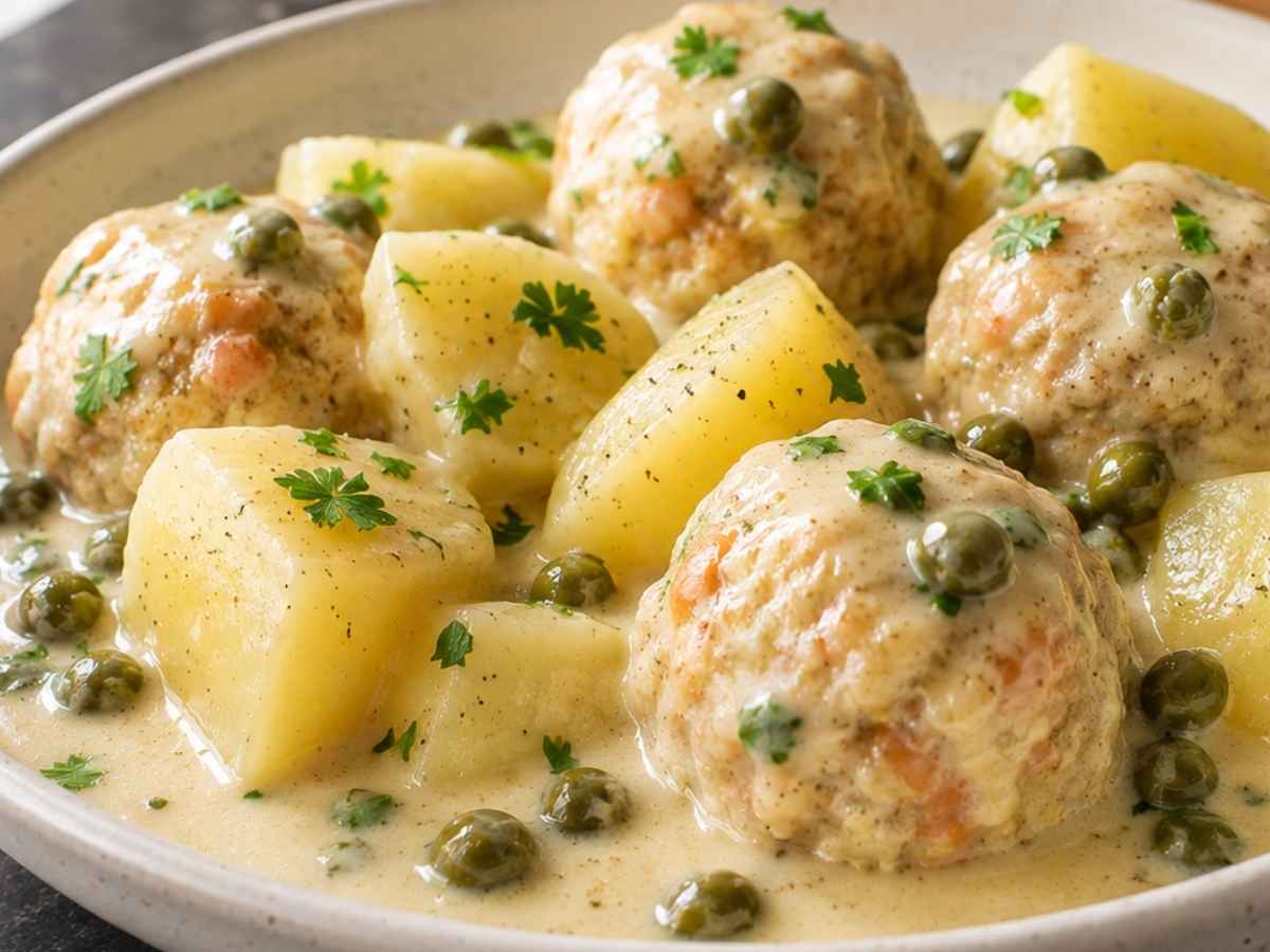 Nahaufnahme eines Königsberger Klopses mit Kapern und cremiger Sauce