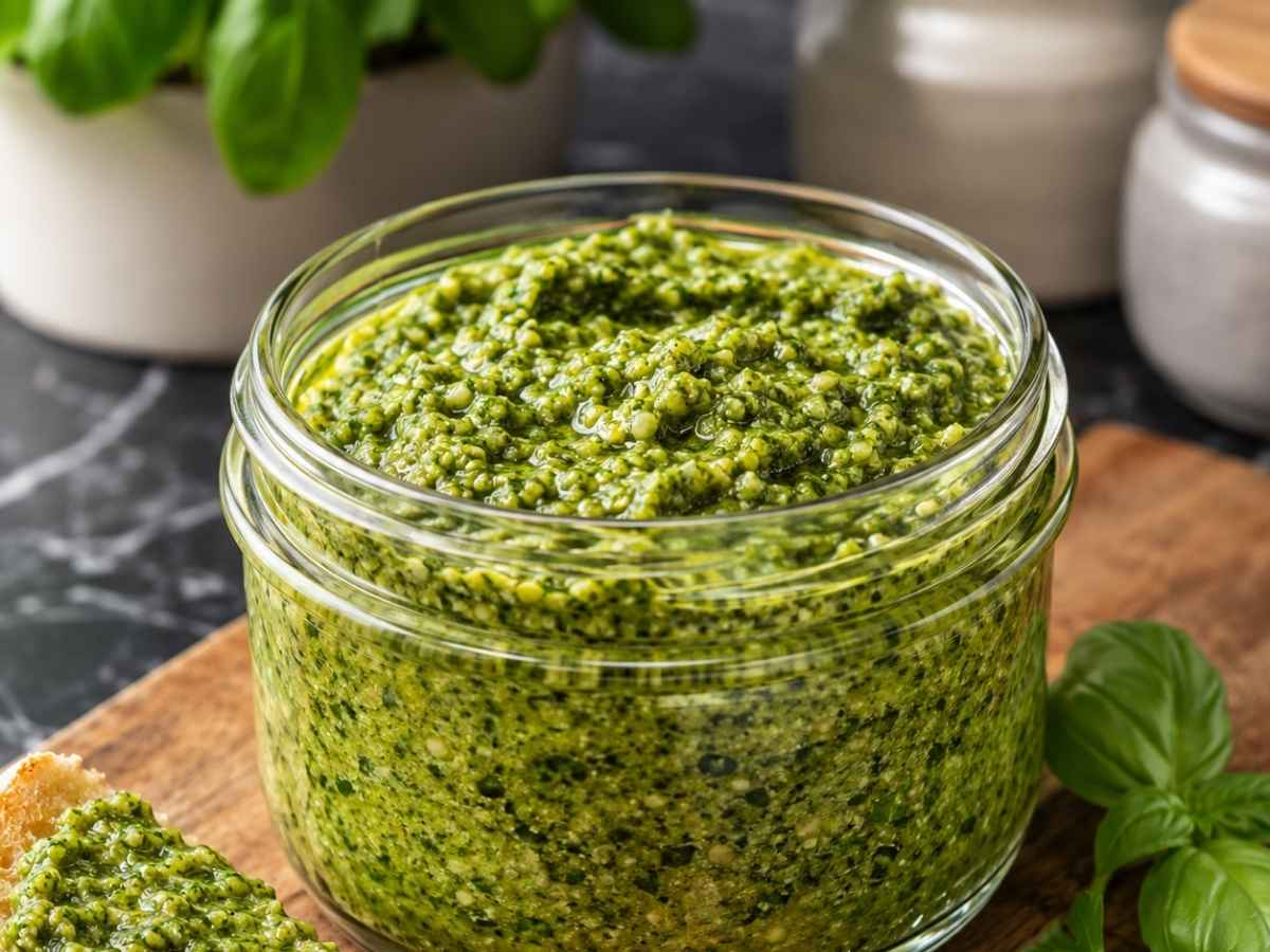 Nahaufnahme von cremigem Kräuterpesto auf frisch gekochten Nudeln, mit Parmesan bestreut