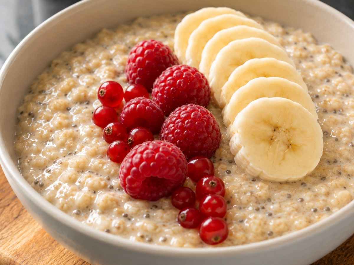 Cremiger Porridge mit Mandelmilch und Chiasamen in Nahaufnahme mit Honig und frischen Himbeeren