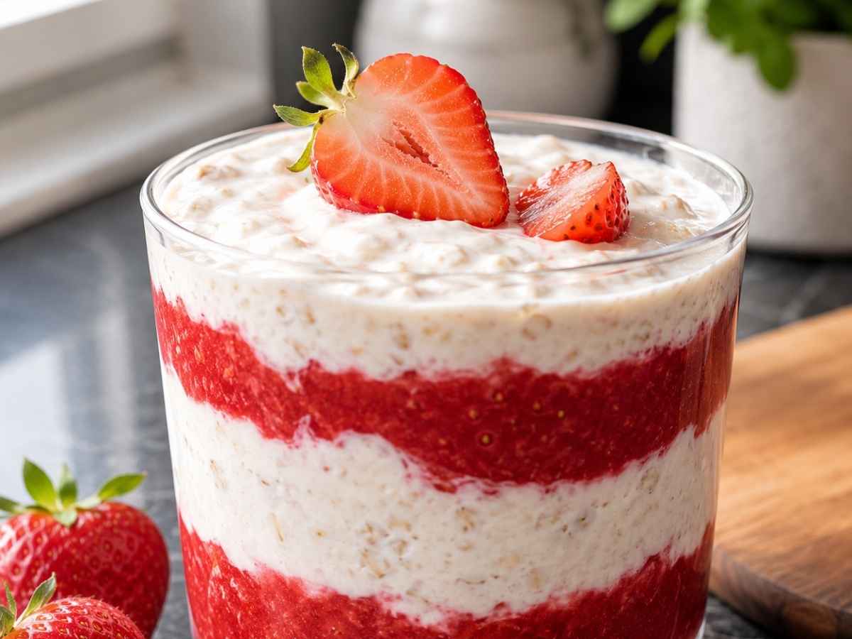 Nahaufnahme eines Glases Strawberry-Cheesecake Overnight Oats mit sichtbaren Schichten aus Magerquark und Erdbeerpüree