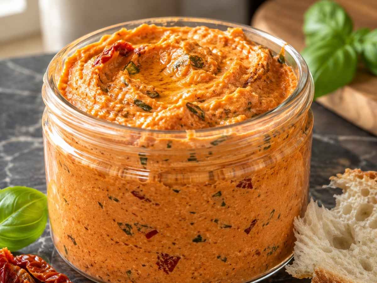 Nahaufnahme eines cremigen Tomaten-Frischkäse-Dips, garniert mit frischem Basilikum