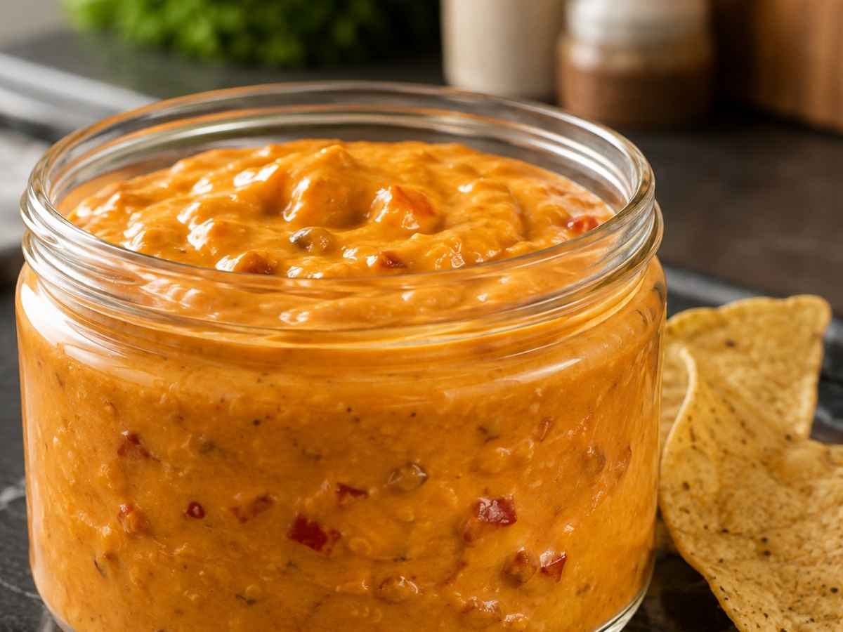 Nahaufnahme von cremigem Chili-Cheese-Dip mit sichtbaren Jalapeño- und Paprikastückchen