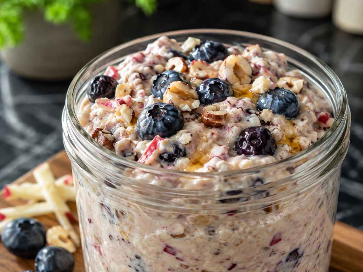 Cremiges Bircher-Heidelbeer-Müsli mit frischen Heidelbeeren und Honig beträufelt in Nahaufnahme