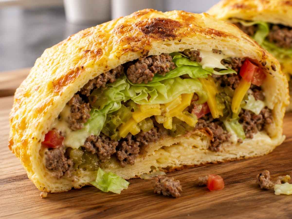 Querschnitt der Low Carb Hack-Rolle mit Quark-Eier-Boden, Hackfleisch und Cheddar