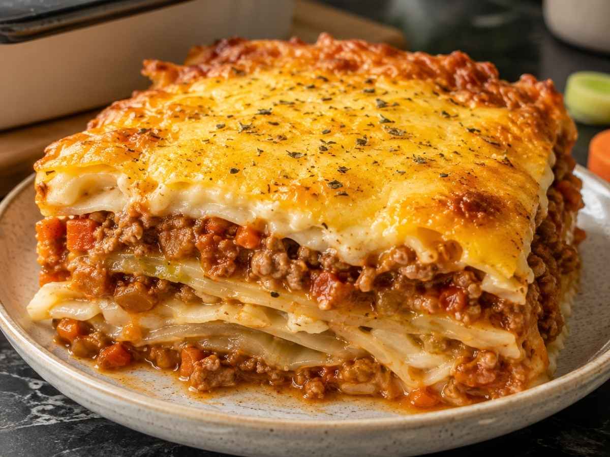 Angeschnittenes Stück Low Carb Lasagne mit Weißkohl, Hacksauce und geschmolzenem Gouda