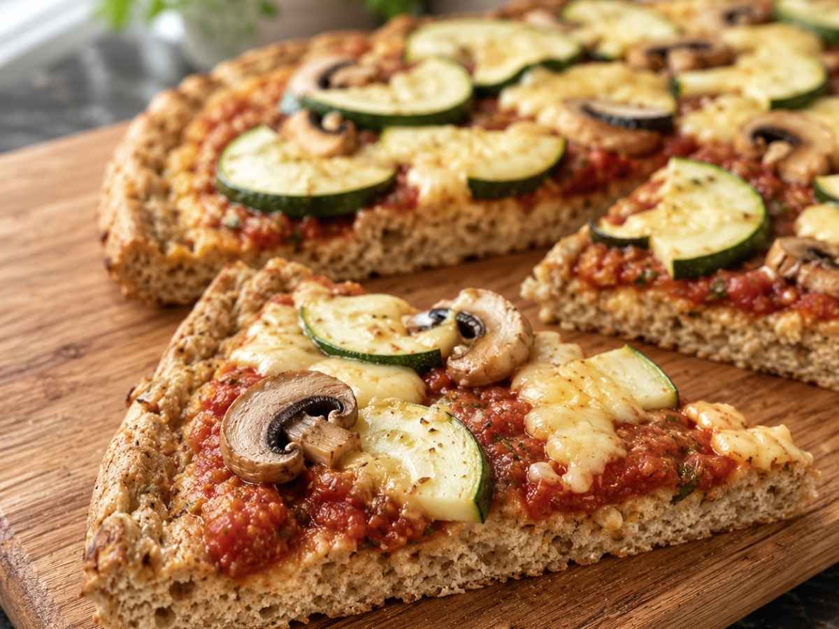 Angeschnittenes Stück Low Carb Thunfischpizza mit knusprigem Thunfischboden und geschmolzenem Käse