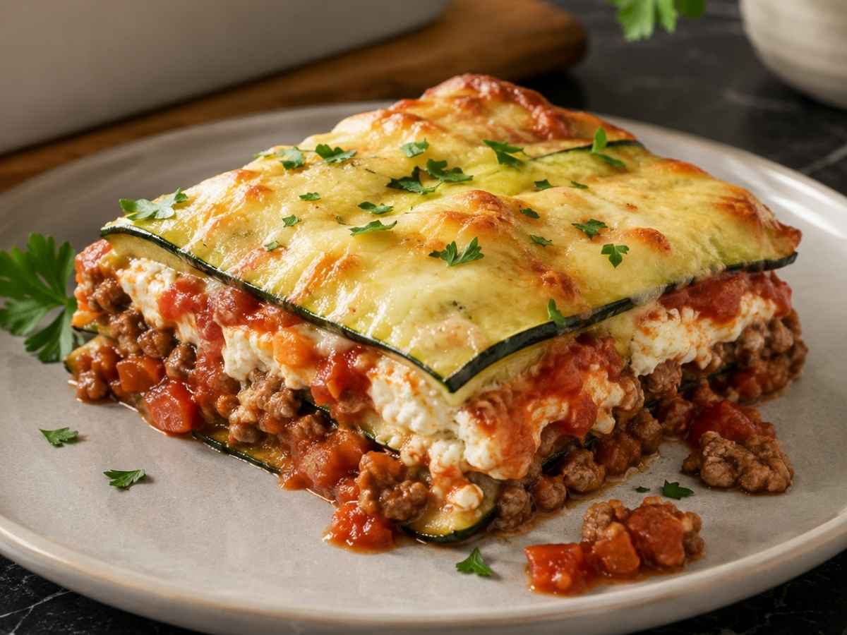 Nahaufnahme der Zucchini-Lasagne mit cremiger Frischkäseschicht