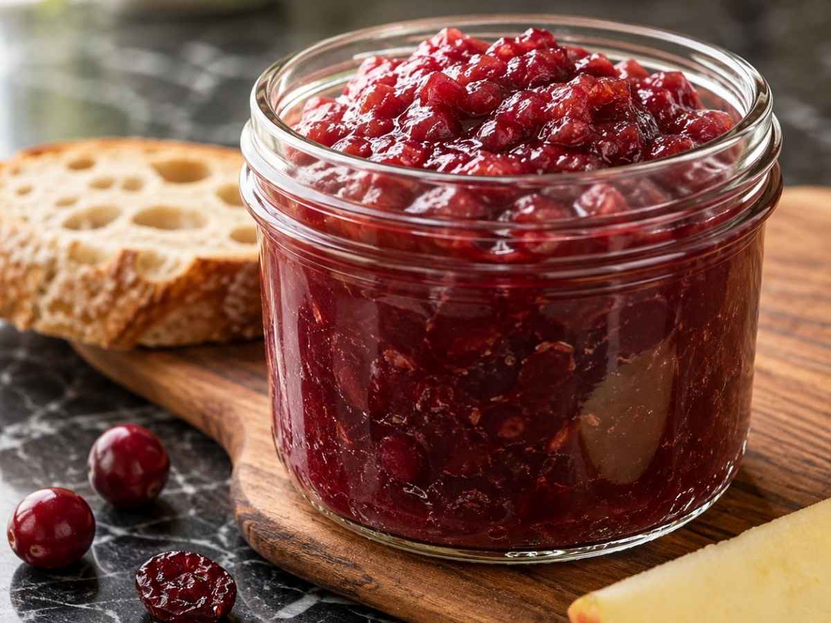 Apfel-Cranberry-Chutney 2 Löffel mit Apfel-Cranberry-Chutney, glänzende Konsistenz
