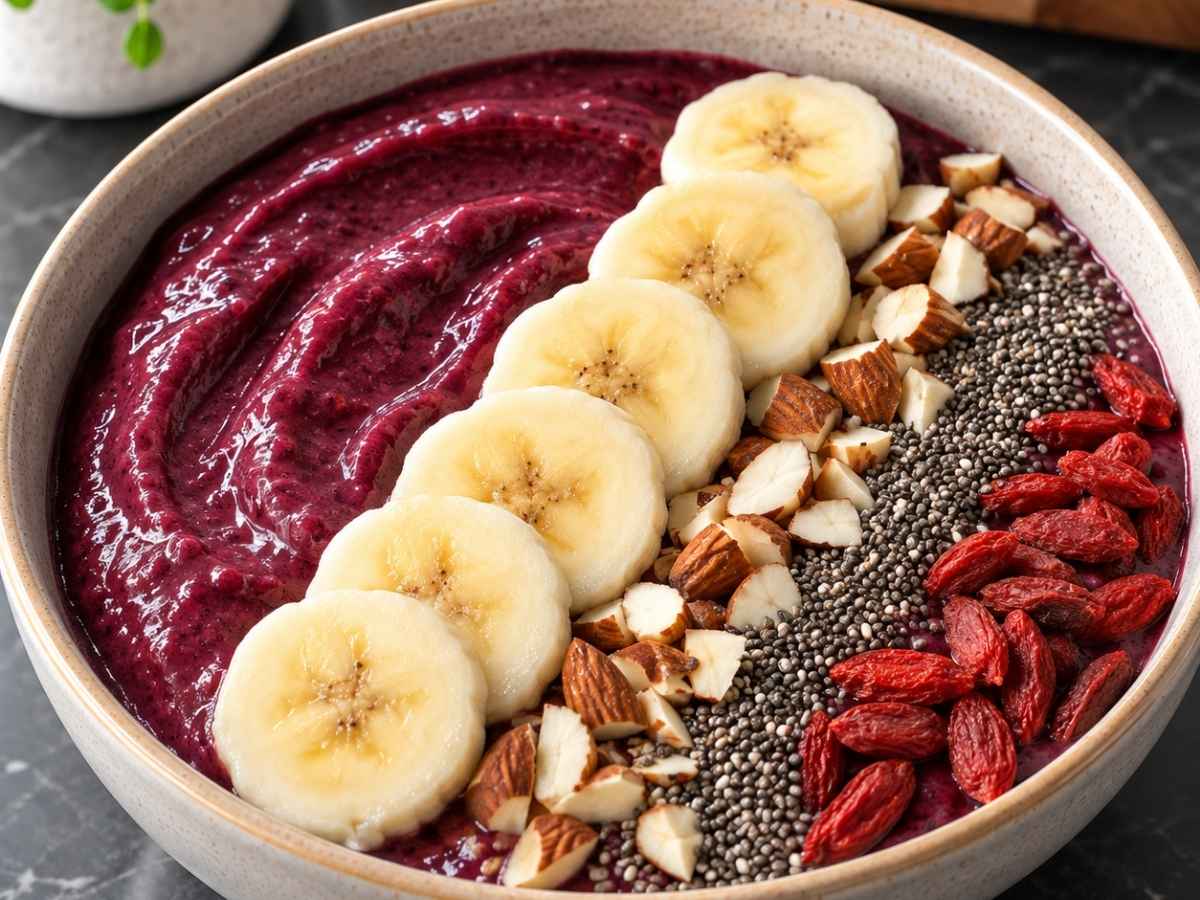 Acai-Smoothie-Bowl 2 Cremige Acai-Smoothie-Bowl in Nahaufnahme mit gehackten Mandeln und Gojibeeren