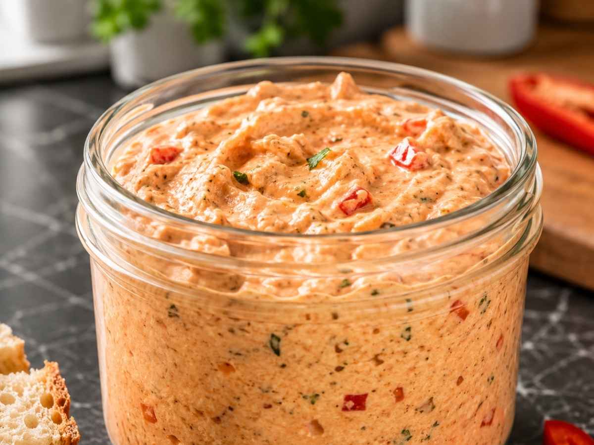 Detailaufnahme der Feta-Creme mit sichtbaren Paprikawürfeln und Olivenöl