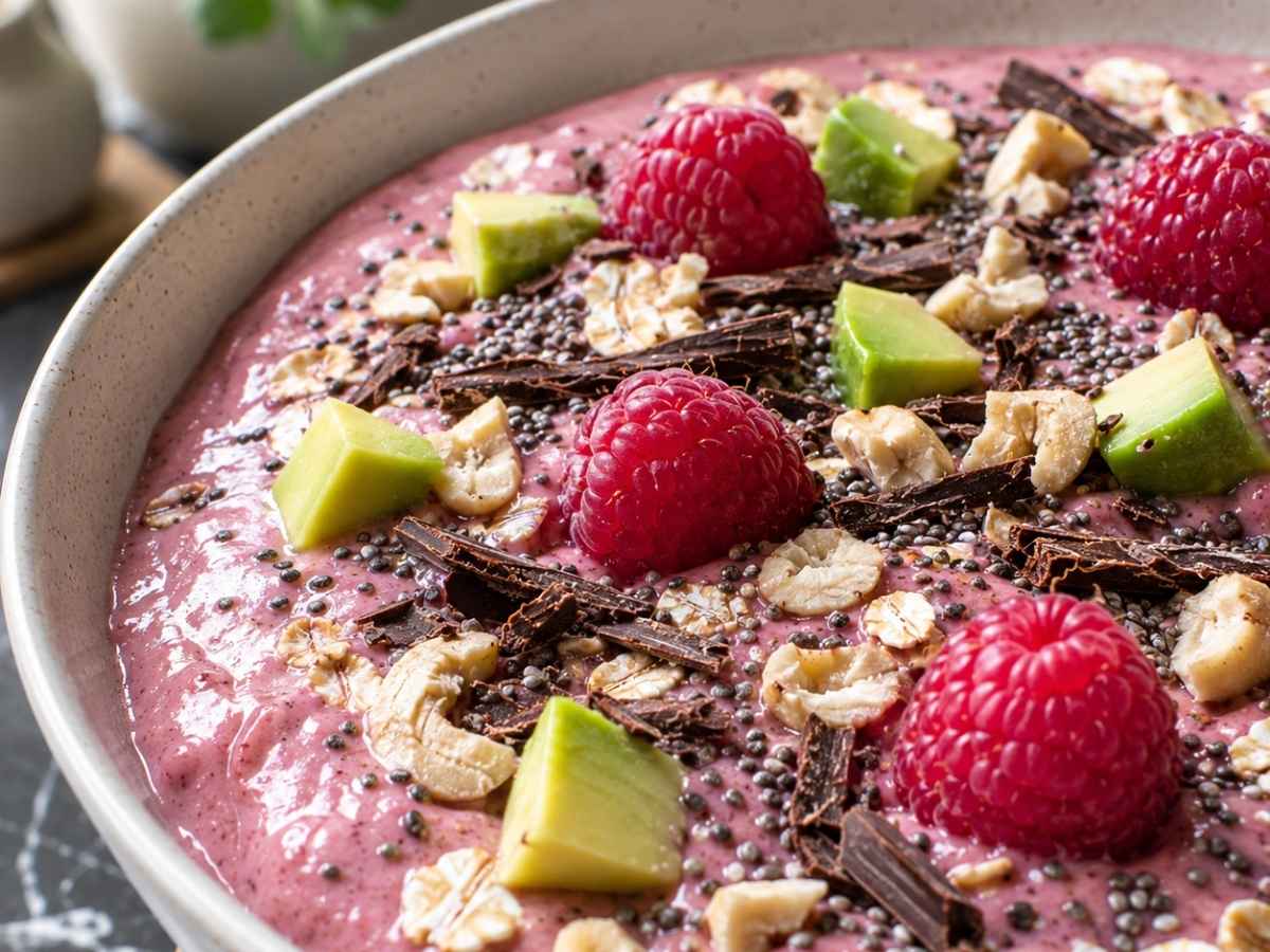 Cremige Himbeer-Smoothie Bowl mit Chiasamen, Avocadowürfeln und Schokoraspeln in Nahaufnahme
