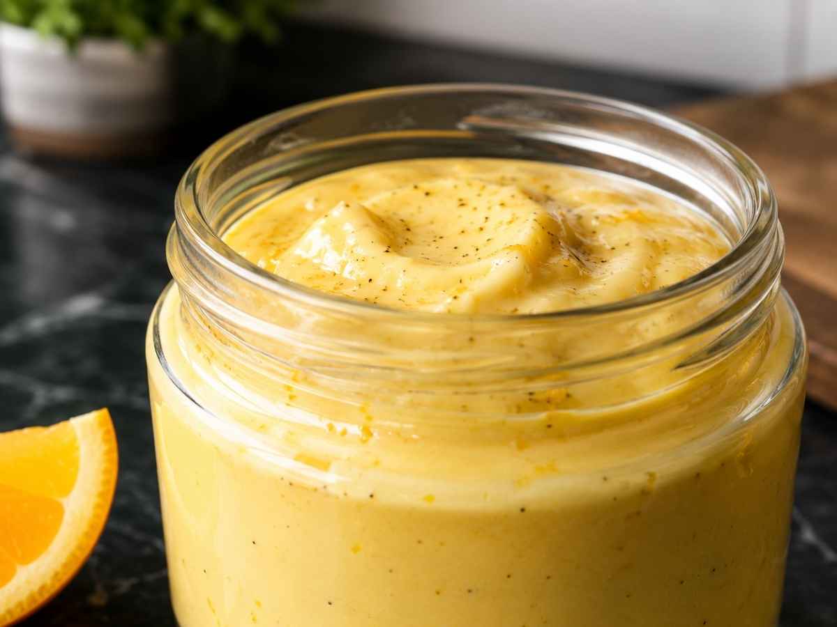 Nahaufnahme der glatten, cremigen Orangen-Hollandaise mit abgeriebener Orangenschale garniert
