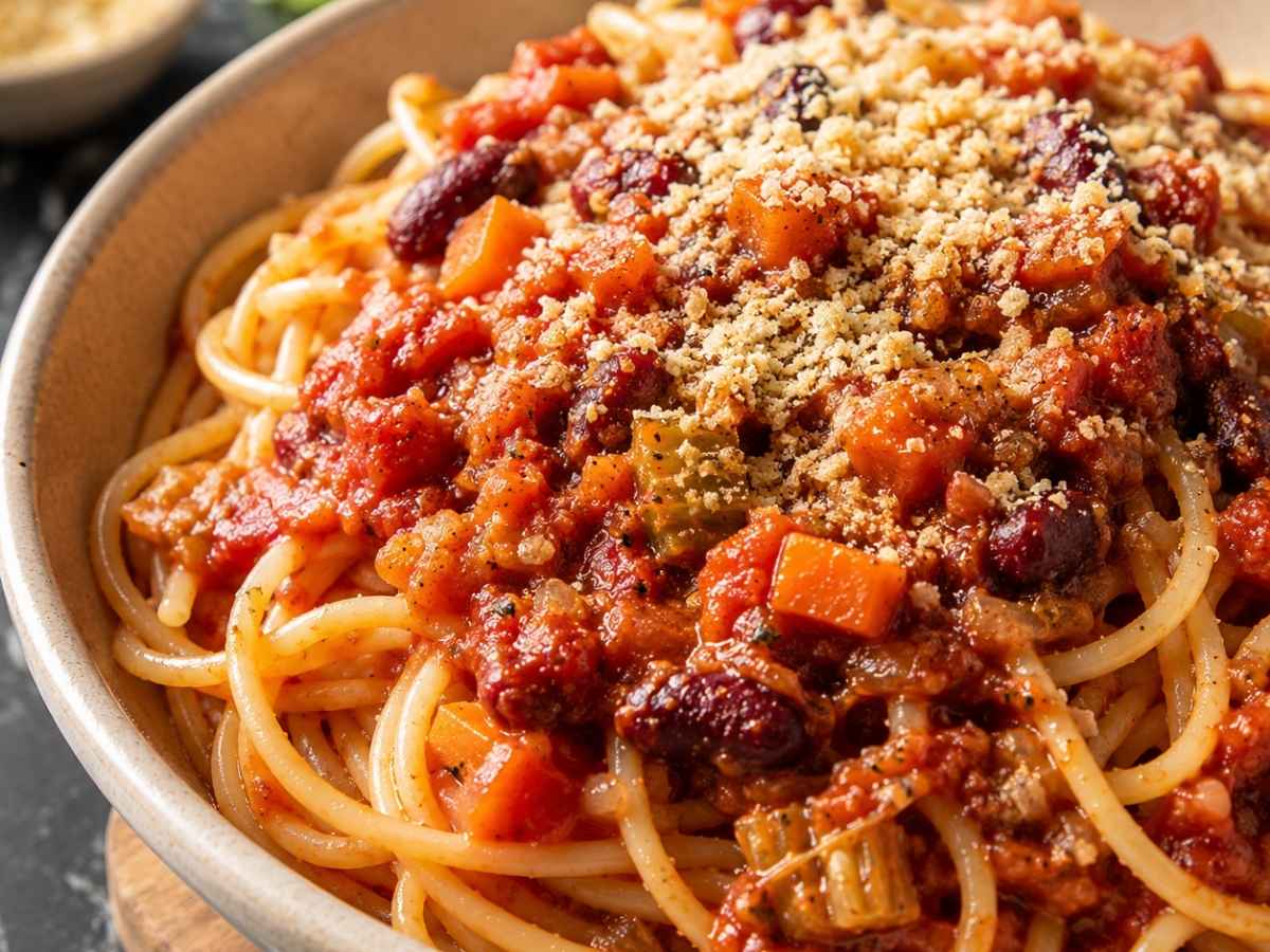 Nahaufnahme der veganen Bolognese-Sauce mit Kidneybohnen und Cashew-Käseersatz