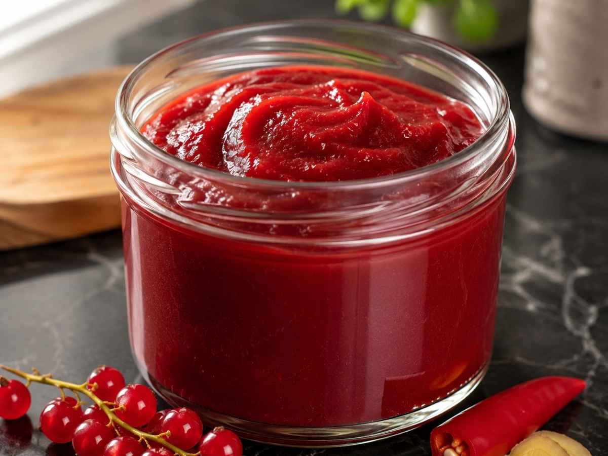 Löffel mit dickflüssigem, rotem Johannisbeer-Ketchup, Nahaufnahme der Textur