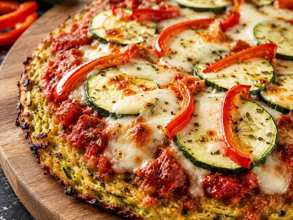 Angeschnittene Low Carb Zucchini-Pizza mit geschmolzenem Mozzarella in Nahaufnahme
