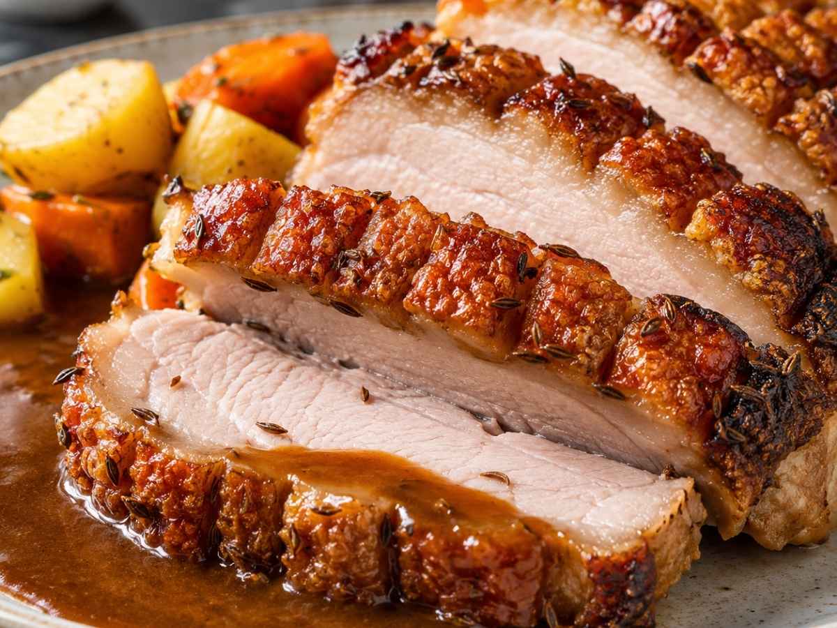 Nahaufnahme der knusprigen, rautenförmig eingeschnittenen Schwarte eines Krustenbratens mit Malzsauce