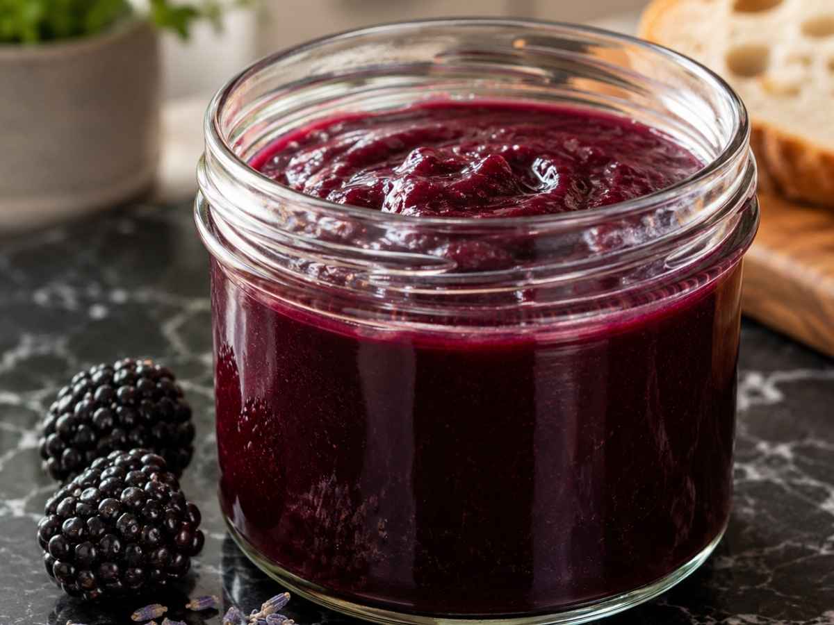Cremige Brombeer-Lavendel-Vinaigrette in einem Schraubglas, Nahaufnahme
