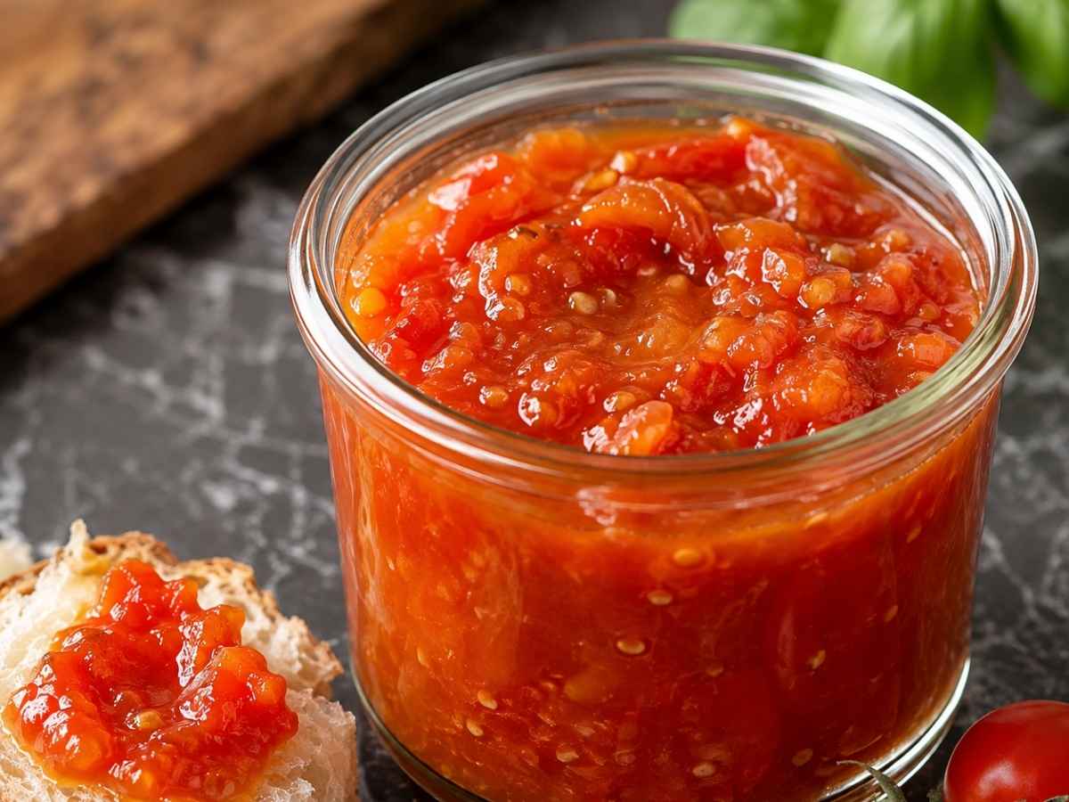 Löffel mit cremiger Paprika-Tomaten-Konfitüre über einem offenen Glas