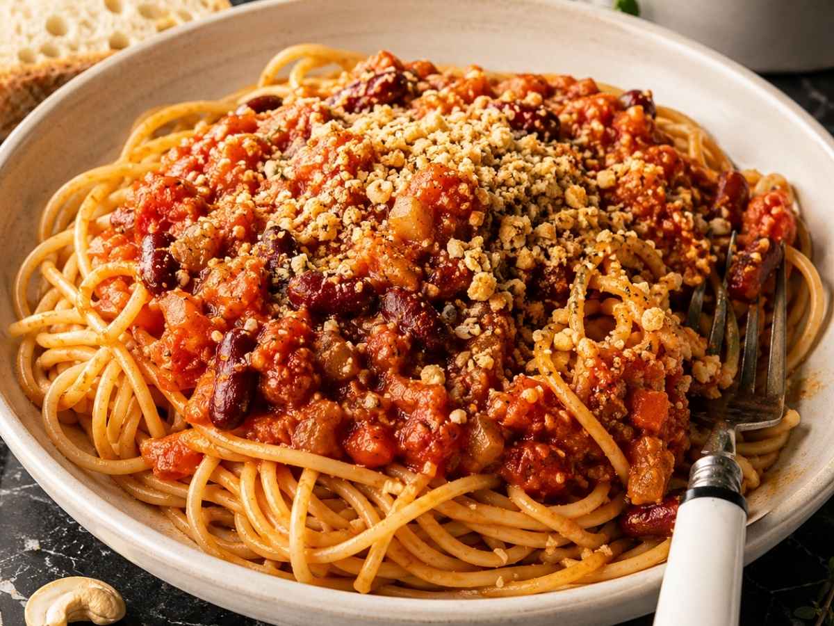 Nahaufnahme der herzhaften veganen Bolognese-Sauce mit Kidneybohnen und Gemüse