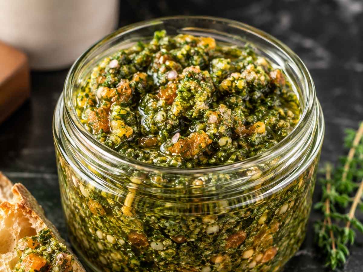 Nahaufnahme der grob gehackten Aprikosen-Gremolata mit Pinienkernen und Kräutern