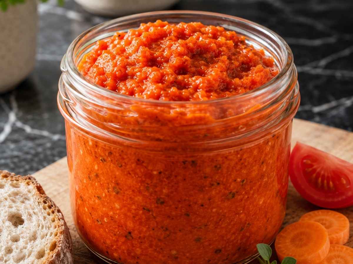 Cremige würzige Möhren-Tomaten-Sauce mit Speckwürfeln in Nahaufnahme