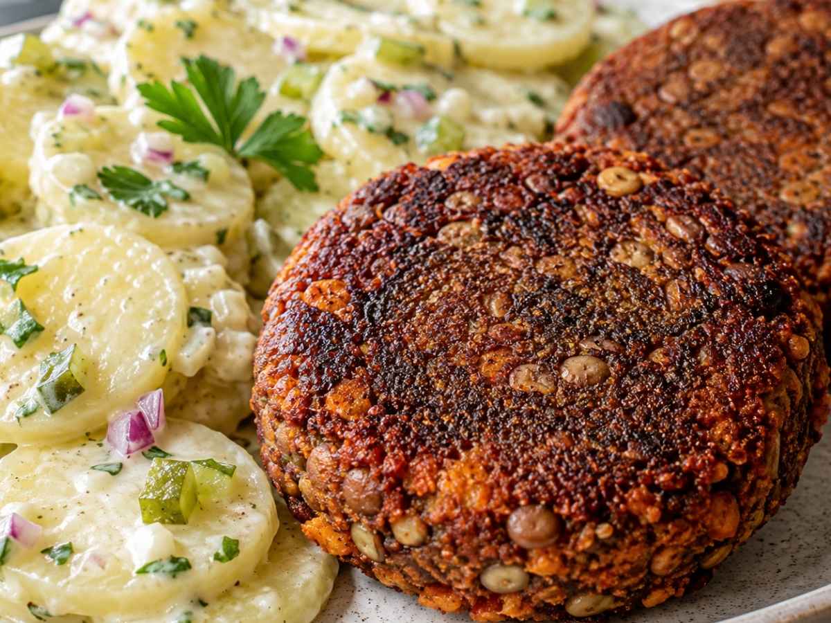 Angeschnittene vegane Frikadelle mit Kartoffelsalat, Nahaufnahme der Konsistenz