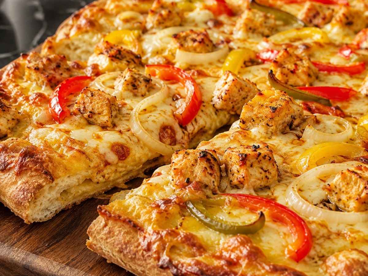 Angeschnittenes Stück Tandoori-Pizza mit Hähnchen und geschmolzenem Käse