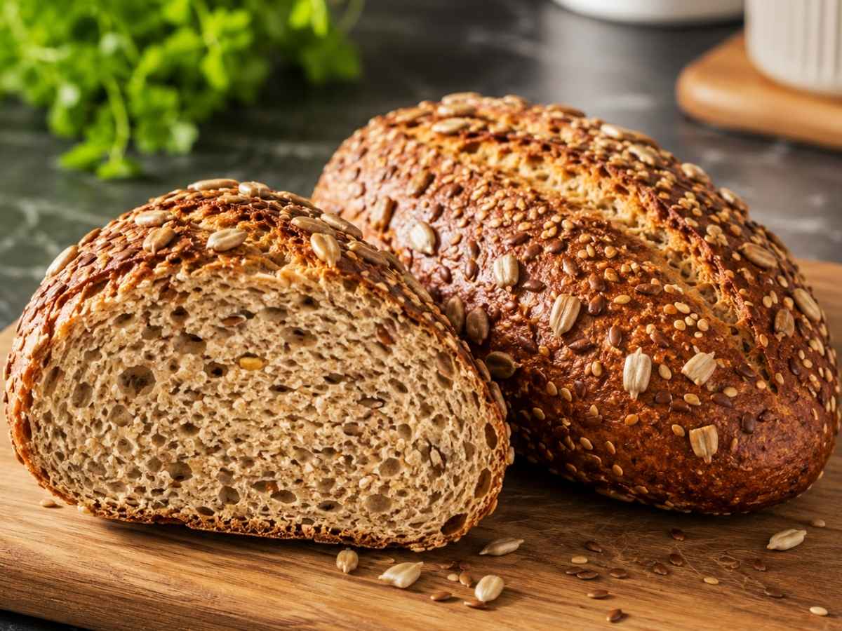 Aufgeschnittenes Low-Carb-Brötchen mit lockerer Krume und knuspriger Kruste aus Saaten