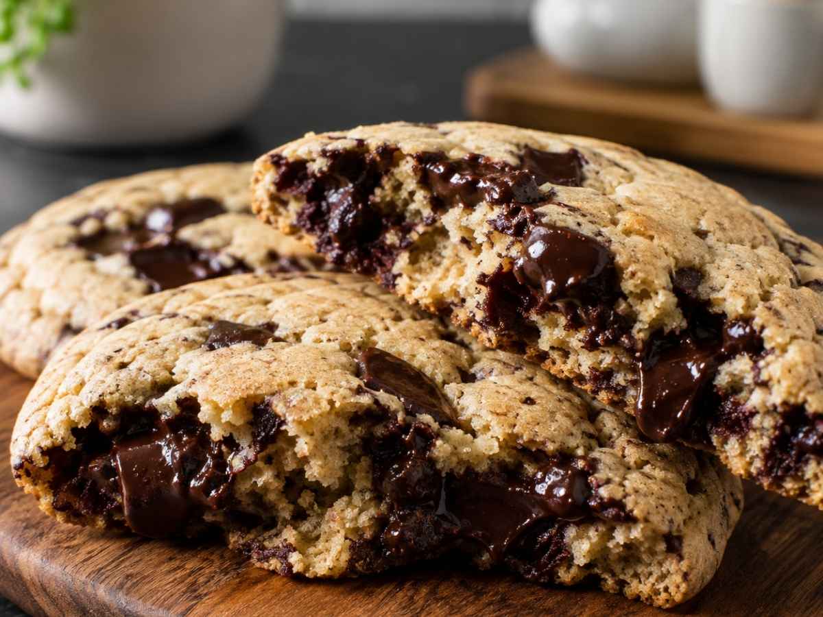 Aufgebrochener veganer Chocolate Chip Cookie, der die saftige Konsistenz und geschmolzene Schokolade zeigt