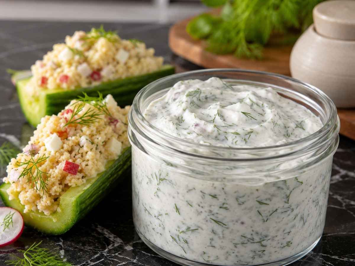 Nahaufnahme einer gefüllten Gurke mit Couscous-Füllung neben cremigem Dill-Dip