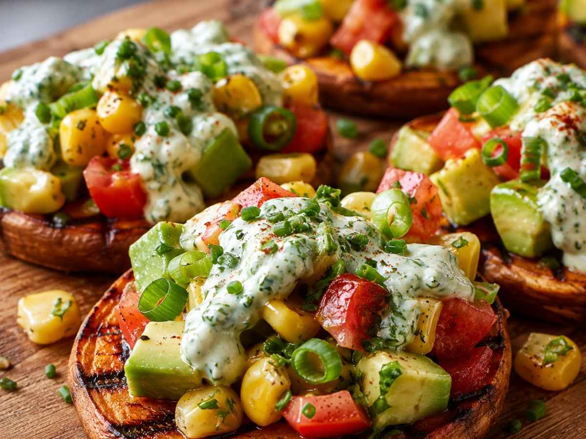Gegrillte Süßkartoffelscheiben mit Topping 2 Nahaufnahme einer gegrillten Süßkartoffelscheibe mit Avocado, Mais und Frischkäse-Sauce