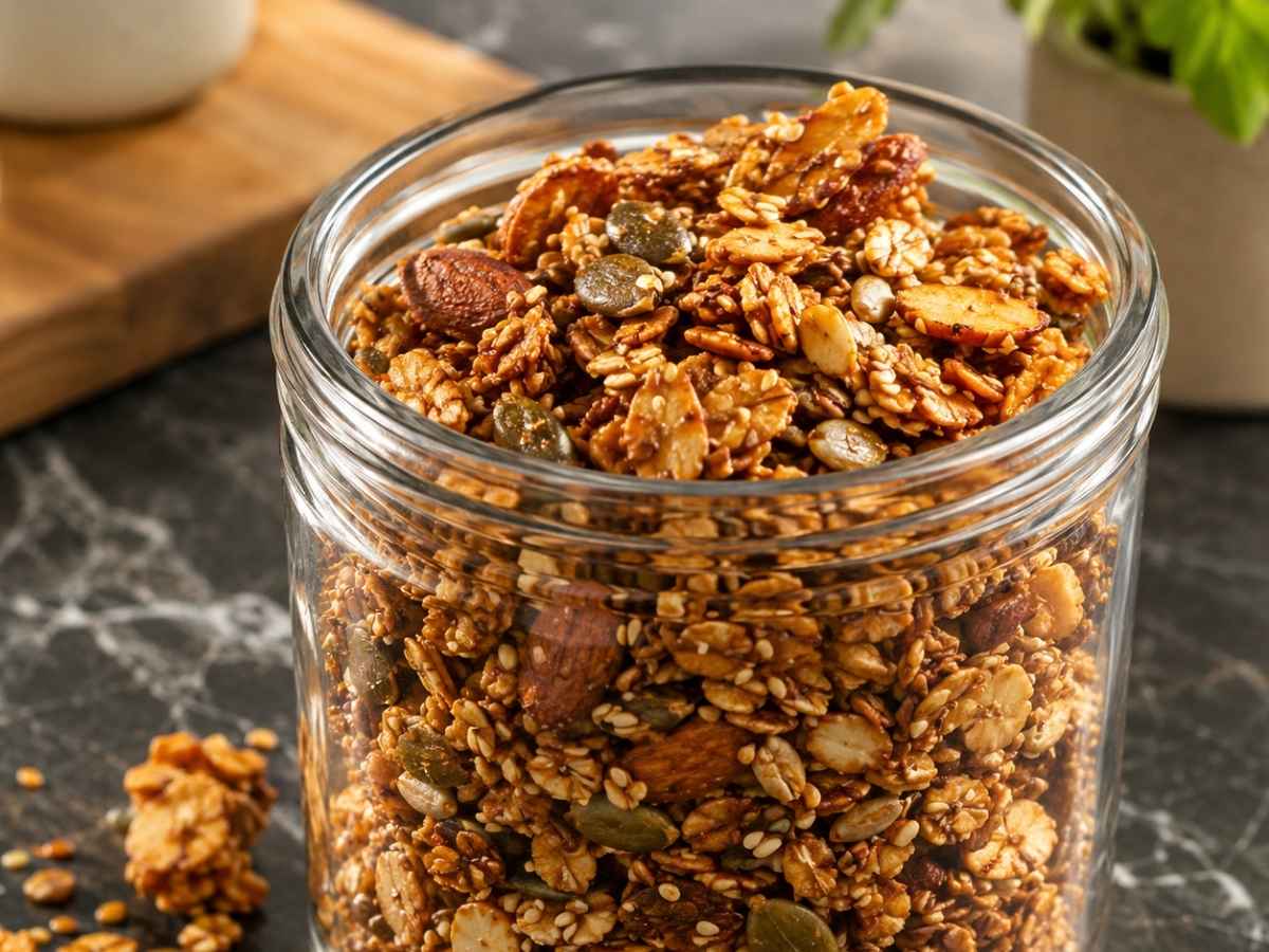Nahaufnahme von Dinkel-Knuspermüsli mit sichtbaren Mandelstücken und Kürbiskernen