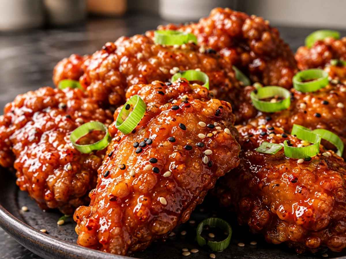 Nahaufnahme eines koreanisch frittierten Hähnchenflügels mit glänzender, klebriger Gochujang-Sauce