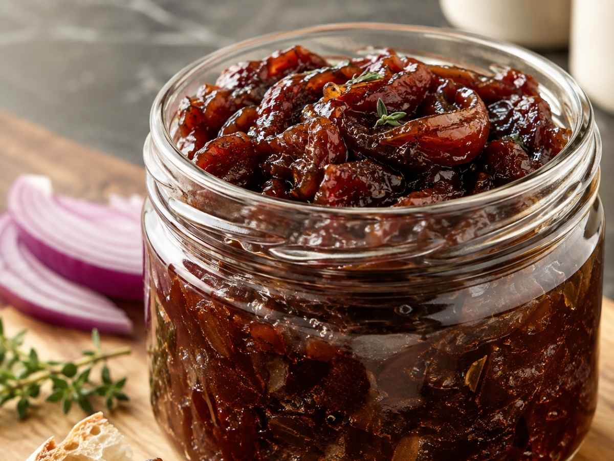 Nahaufnahme von süß-würzigem Portwein-Zwiebel-Relish mit sichtbaren Zwiebelstücken und Thymianblättchen