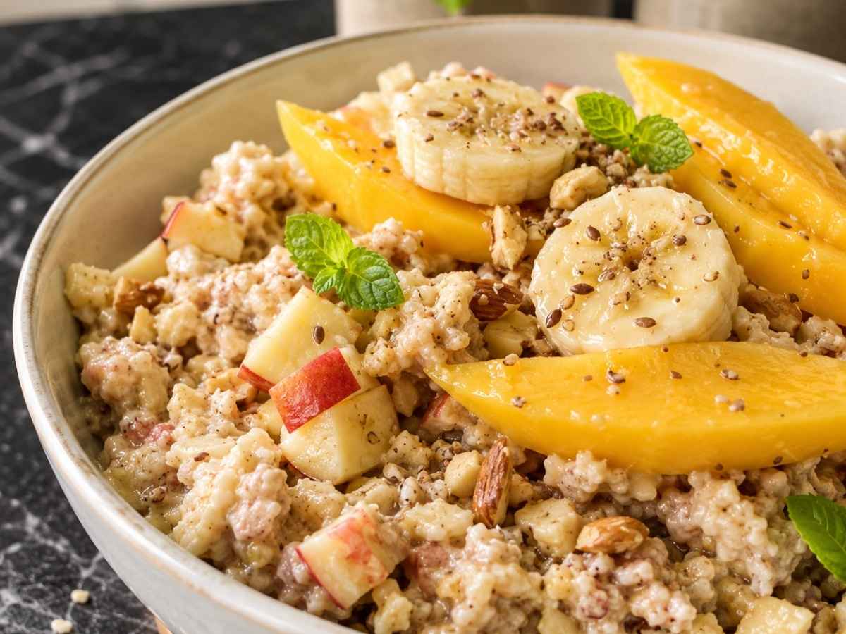 Nahaufnahme von Frischkorn-Müsli mit Mandelsplittern, Leinsamen und frischen Mangostücken