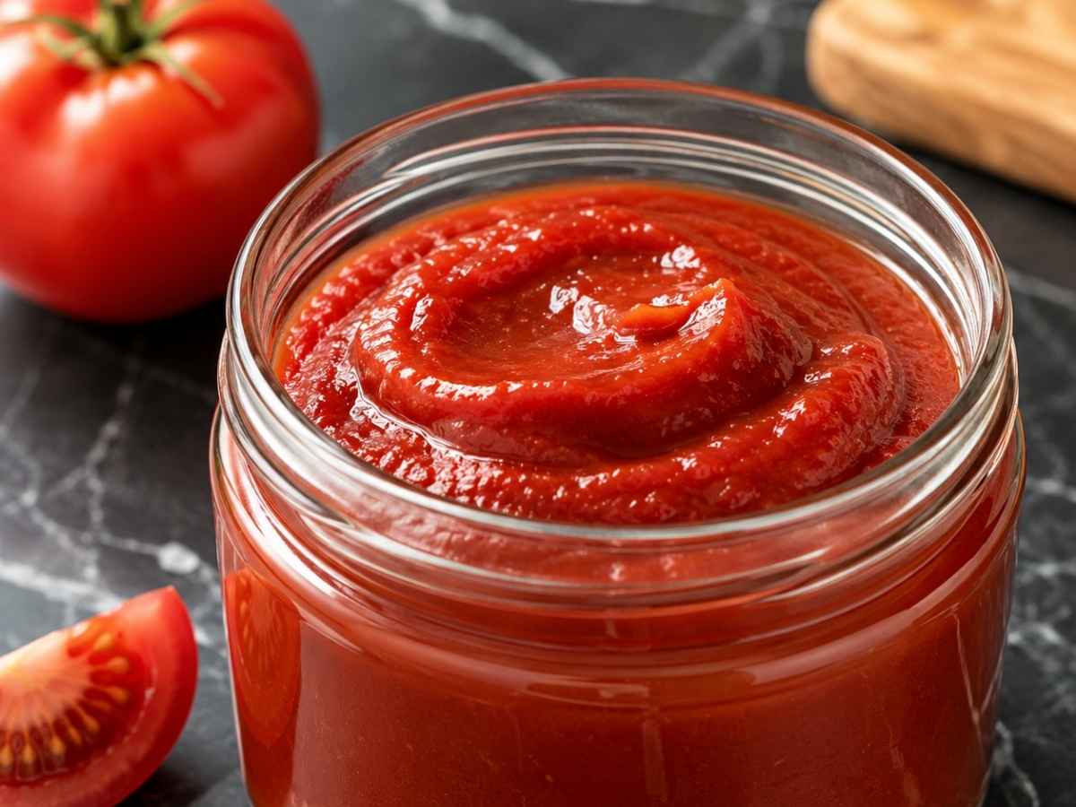 Nahaufnahme von selbst gemachtem Tomaten-Ketchup mit sichtbarer cremiger Konsistenz