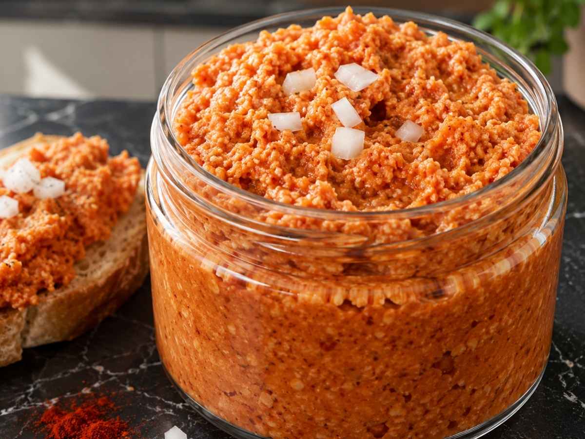 Nahaufnahme der cremigen Konsistenz von veganem Mett mit sichtbaren Zwiebelstückchen