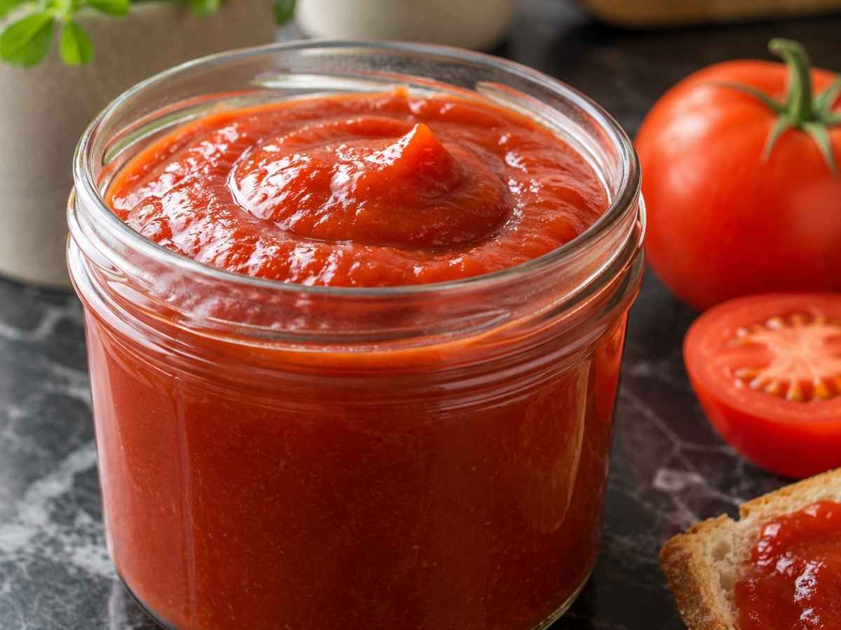 Cremiger selbstgemachter Ketchup mit Curry und Piment in Nahaufnahme