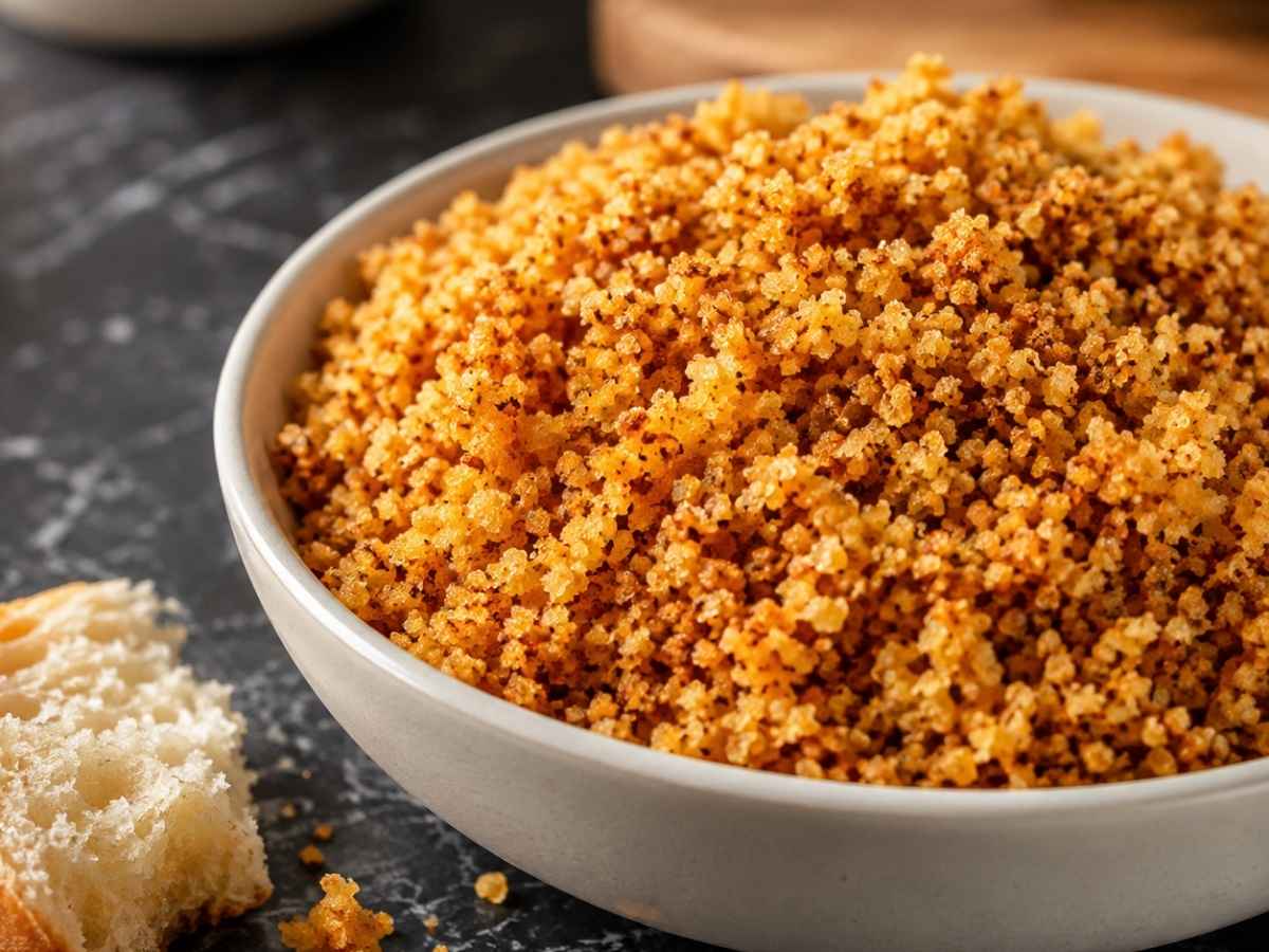 Goldbraune, knusprige Nussbutter-Brösel in Nahaufnahme