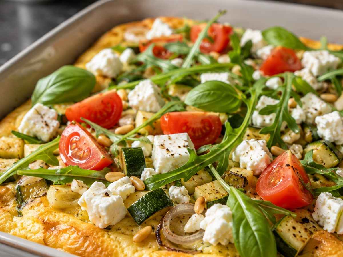 Nahaufnahme vom cremigen Ofen-Omelette mit Topping, Feta und frischem Basilikum